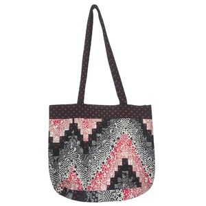 Handmade Large Quilted Patchwork Tote Bag Red Black and White Chevron Floral